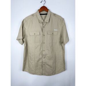 Sean John Shirt  Tan Original Fit Linen Cotton Sz XL Logo Button Down Mens